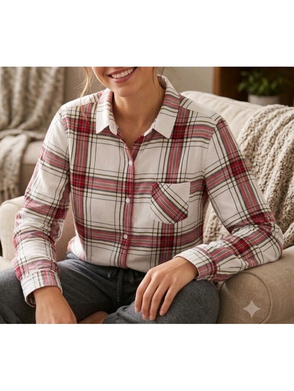 Victoria's Secret Pajama Top Medium Plaid Flannel Metallic Lurex Button Up Pocke